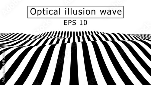 Optical illusion wave. Abstract 3d black and white illusions. Horizontal lines stripes pattern or background with wavy distortion effect. EPS 10. Vector illustration.
