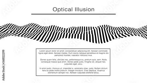 Optical illusion wave. Abstract 3d black and white illusions. Horizontal lines stripes pattern or background with wavy distortion effect. EPS 10. Vector illustration.
