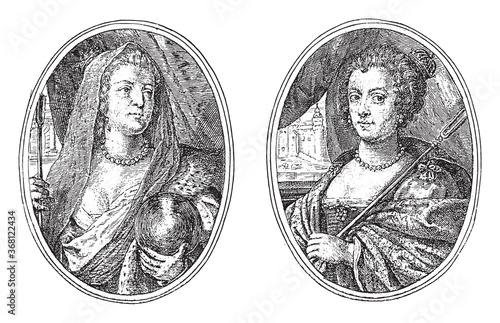 Portraits of Maria de 'Medici and Elisabeth of Spain, both as shepherdess, vintage illustration.