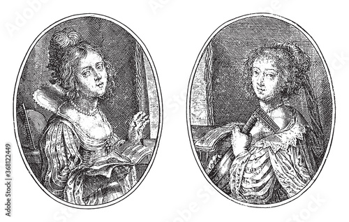 Erato and Terpsichore, Crispijn van de Passe (II), 1640, vintage illustration.