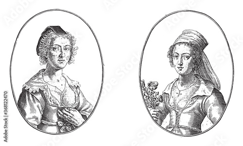 Portraits of the Courtesans Margo la belle Gantiere and Anna la Bavolette, vintage illustration.