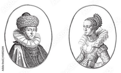 Portraits of the courtesans called Danish Wywodin and Karne A.D., vintage illustration.