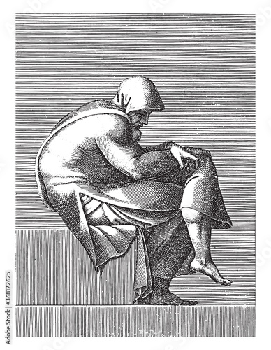 Seated Old Man, Adamo Scultori, after Michelangelo, 1585, vintage illustration.