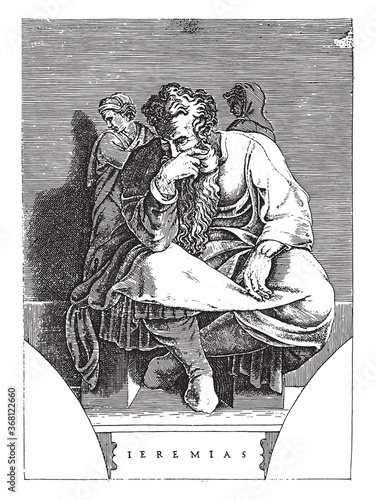 Prophet Jeremiah, Adamo Scultori, after Michelangelo, 1585, vintage illustration.
