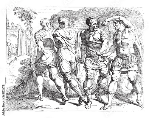 Odysseus gives his weapons to Eumaeus, vintage illustration. photo