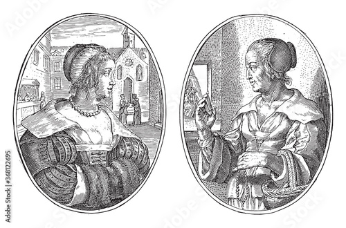 Citizen woman and matchmaker, Crispijn van de Passe (II), 1641, vintage illustration.