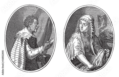 Lakei and washerwoman, Crispijn van de Passe (II), 1641, vintage illustration.
