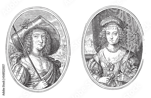 Portraits of Anna van Nassau-Siegen and Baroness van Brederode, vintage illustration.
