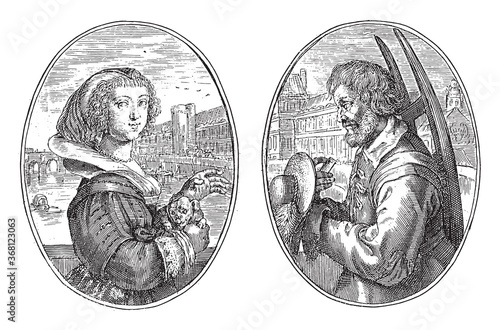 Officer woman and woodcarrier, Crispijn van de Passe (II), 1641, vintage illustration.