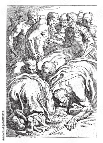 Tiresias drinks the blood of the sacrifice, vintage illustration. photo