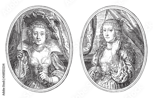 Portraits of Elizabeth of Lorraine (?) And Countess Henrietta de Coligny, vintage illustration.