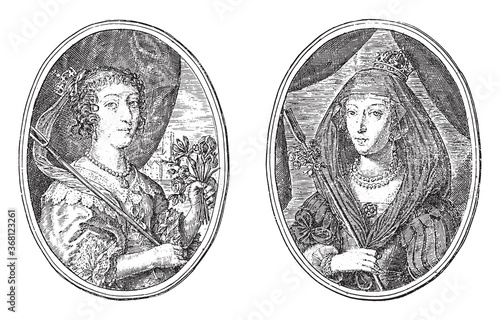 Portraits of Henriette Maria of England and Christina of Sweden, vintage illustration.