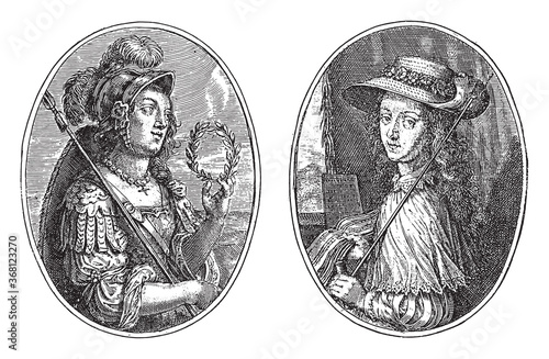 Minerva and Clio, Cris Pain van de Passe (II), 1640, vintage illustration. photo