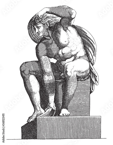 Seated Nude, Adamo Scultori, after Michelangelo, 1585, vintage illustration.