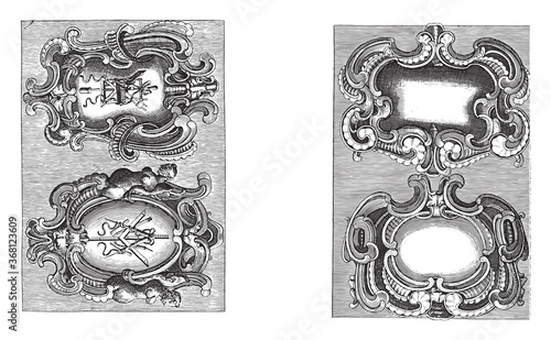 Four cartouches with a lobe-style frame, vintage illustration.