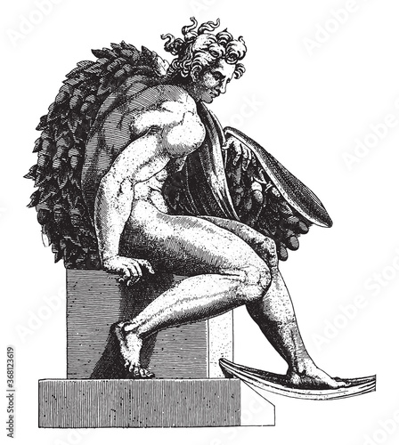 Seated Nude, Adamo Scultori, after Michelangelo, 1585, vintage illustration.