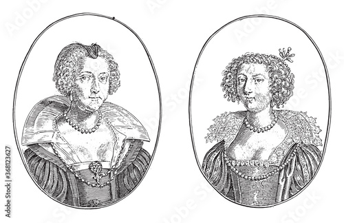Portraits of the courtesans named Mademoiselle and Bassonpiere of Rockefort, vintage illustration.