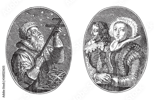 Astronomer and his wife, Crispijn van de Passe (II), 1641, vintage illustration.