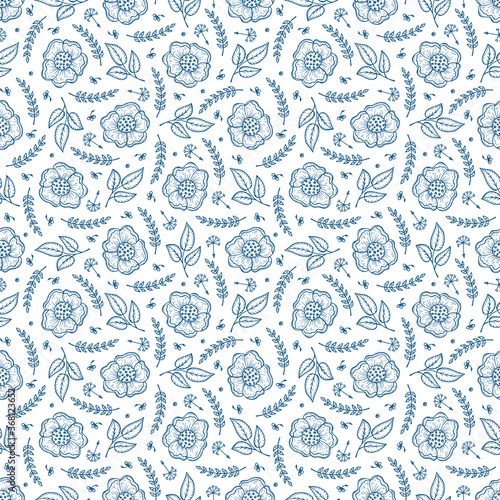 Vector Vintage Floral Background. Flowers Seamless Pattern. Hand Drawn Flowers, Leaves, Sprigs, Seeds