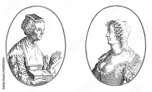 Portraits of the La Poudriere Macrelle and the courtesan Madamoiselle, vintage illustration.