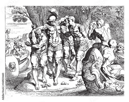 Odysseus in the land of the lotus eaters, vintage illustration.