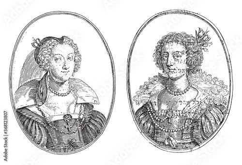 Portraits of the courtesans and Mademoiselle La Neffue, vintage illustration.