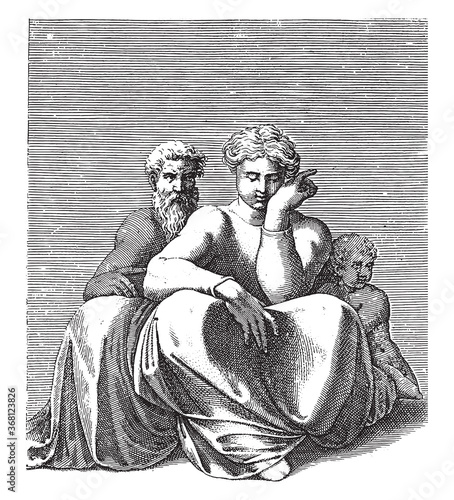 Obraz na plátně Seated Woman with an Old Man and Child, Adamo Scultori, after Michelangelo, 1585, vintage illustration