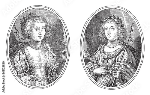 Portraits of an unknown woman and Anna Maria van Schurman, vintage illustration.