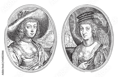 Portraits of two unknown high-ranking women, vintage illustration.