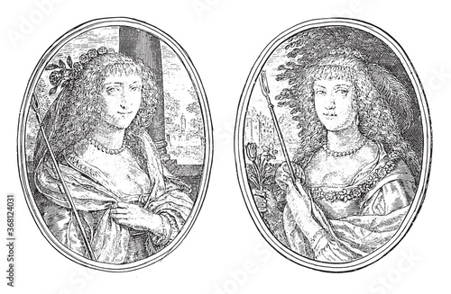 Portraits of two unknown women, vintage illustration.