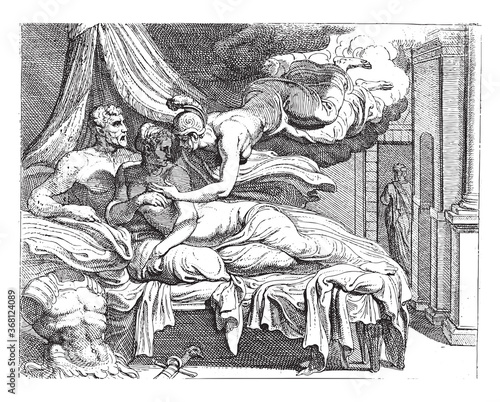 Minerva dispels Penelope's doubts, vintage illustration.