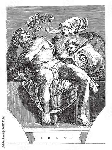 Prophet Jonah, Adamo Scultori, after Michelangelo, 1585, vintage illustration. photo