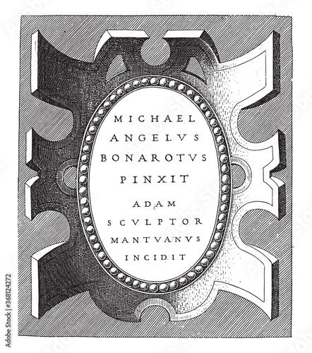 Title print with cartouche, Adamo Scultori, 1585, vintage illustration.