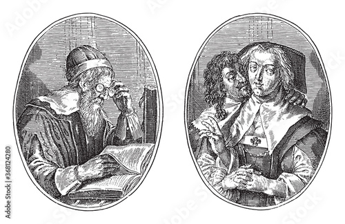 Professor in the philosopher and his wife, Crispijn van de Passe (II), 1641, vintage illustration.