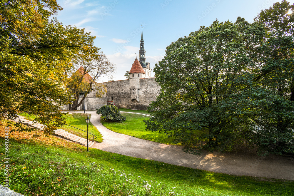 The tower and spire of St. Nicholas' Church rises above the medieval town walls of Tallinn, Estonia