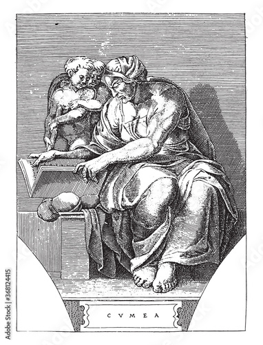 Sibyl of Cumae, Adamo Scultori, after Michelangelo, 1585, vintage illustration.