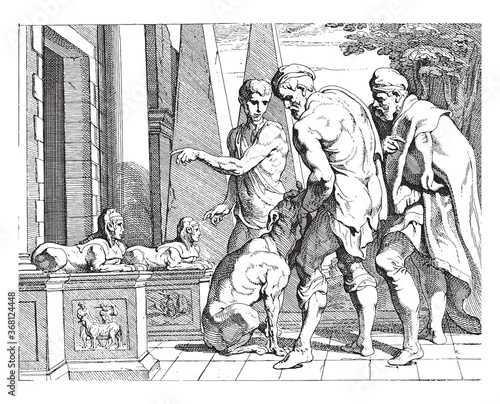 Odysseus recognized by his dog Argus, vintage illustration.
