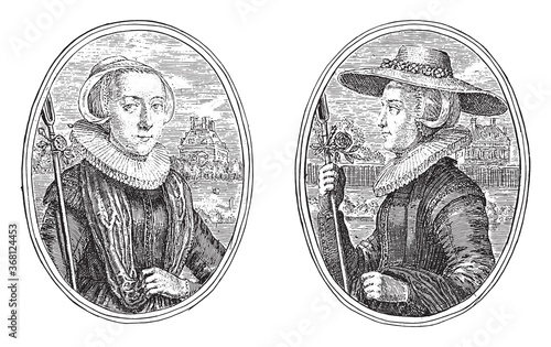 Portraits of two unknown women, both as shepherdess, vintage illustration.