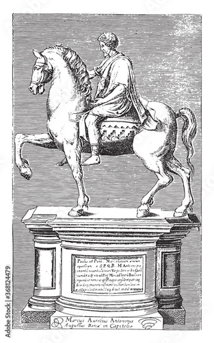 Equestrian statue of Marcus Aurelius, vintage illustration.