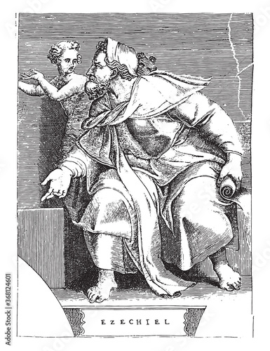 Prophet Ezekiel, Adamo Scultori, after Michelangelo, 1585, vintage illustration.