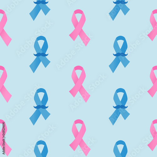 Breast and prostate cancer awareness ribbons seamless pattern. Pink and blue ribbon tile background.