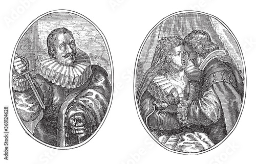 Seville merchant and his wife, Crispijn van de Passe (II), 1641, vintage illustration.
