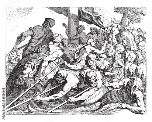 Odysseus arrives at the underworld, vintage illustration.