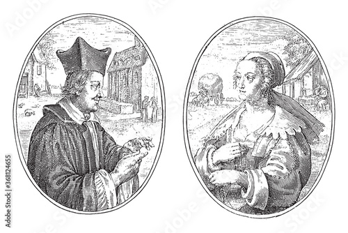 Pastor and peasant woman, Crispijn van de Passe (II), 1641, vintage illustration.