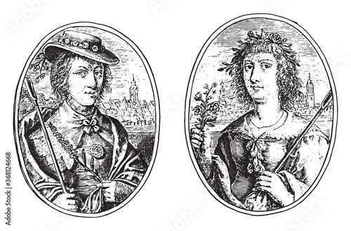 Portraits of two unknown women, both as shepherdess, vintage illustration.