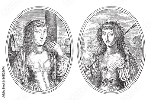 Portraits of Louisa Francisca de Guzman and an unknown high-ranking woman, vintage illustration.