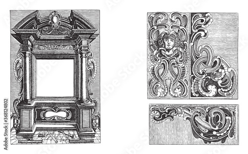 Architectural title framing and three lobe-style ornaments, anonymous, vintage illustration.