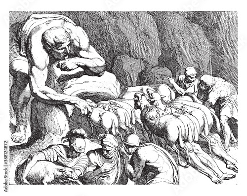 Odysseus escapes from the cave of Polyphemus, vintage illustration.