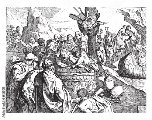 Odysseus cremates the body of Elpenor, vintage illustration.