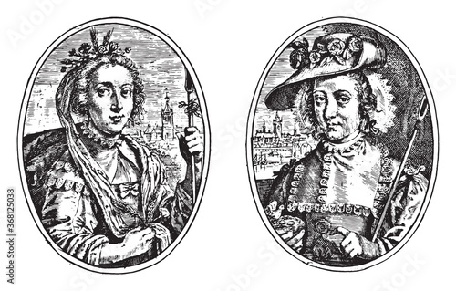 Portraits of two unknown women, both as shepherdess, vintage illustration.